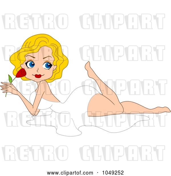 Vector Clip Art of Retro Cartoon Valentine Pinup Lady in a White Dress, Holding a Rose