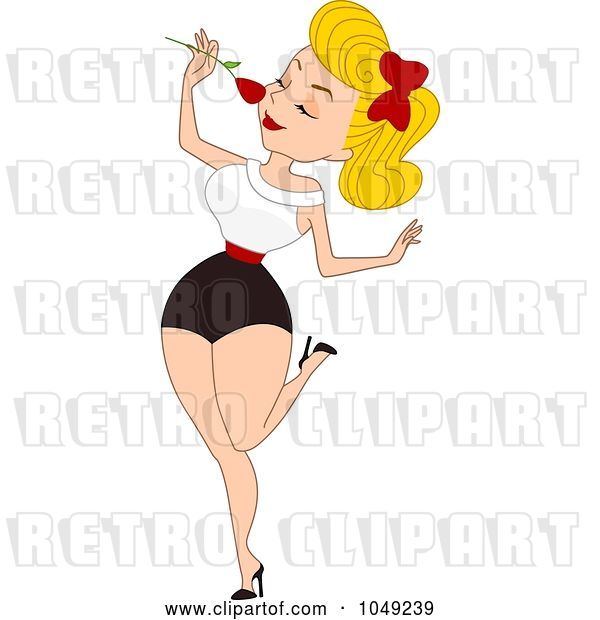 Vector Clip Art of Retro Cartoon Valentine Pinup Lady Smelling a Rose