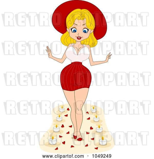 Vector Clip Art of Retro Cartoon Valentine Pinup Lady Walking down an Aisle of Candles and Rose Petals