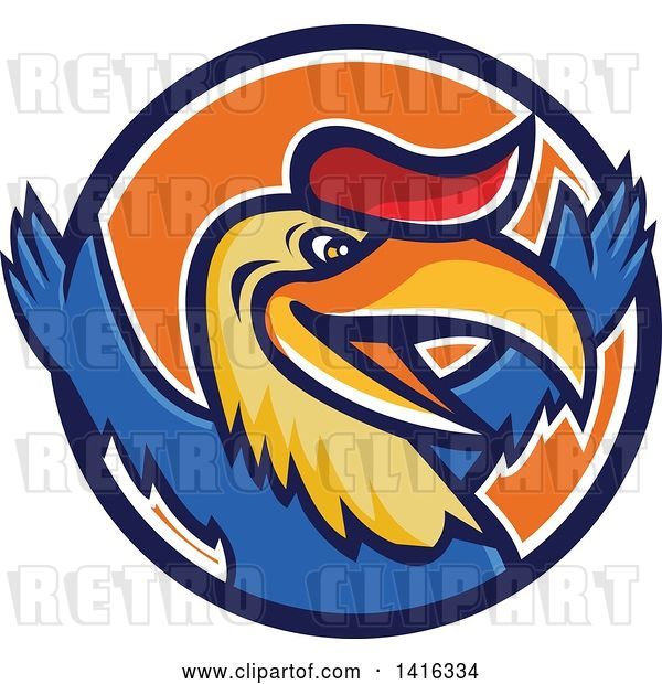Vector Clip Art of Retro Cartoon Victorious Hornbill or Bucerotidae Bird Mascot Cheering in a Blue White and Orange Circle