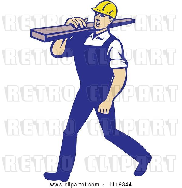 Vector Clip Art of Retro Cartoon Walking Carpenter Worker Carrying Lumber on His Shoulder