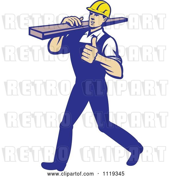 Vector Clip Art of Retro Cartoon Walking Carpenter Worker Holding a Thumb up and Carrying Lumber on His Shoulder