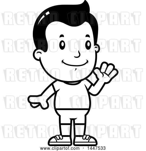 Vector Clip Art of Retro Cartoon Waving Boy in Shorts
