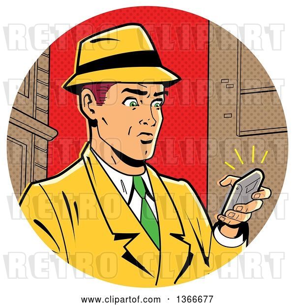 Vector Clip Art of Retro Cartoon White Guy in a Fedora Hat and Yellow Suit, Holding a Ringing Smart Phone