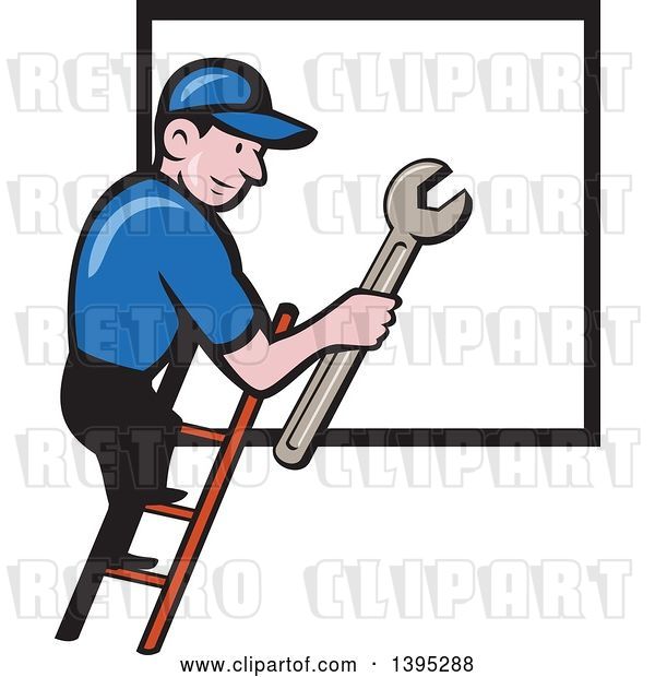 Vector Clip Art of Retro Cartoon White Handy Guy Holding a Spanner Wrench and Climbing a Ladder to a Window or Sign