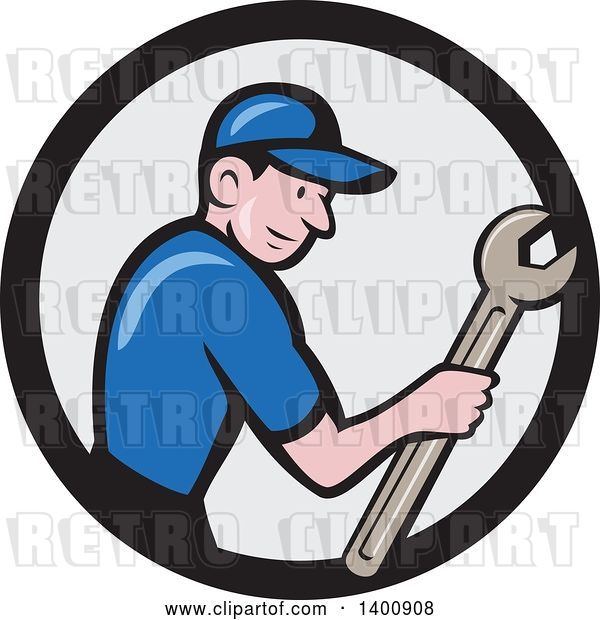 Vector Clip Art of Retro Cartoon White Handy Guy Holding a Spanner Wrench in a Circle