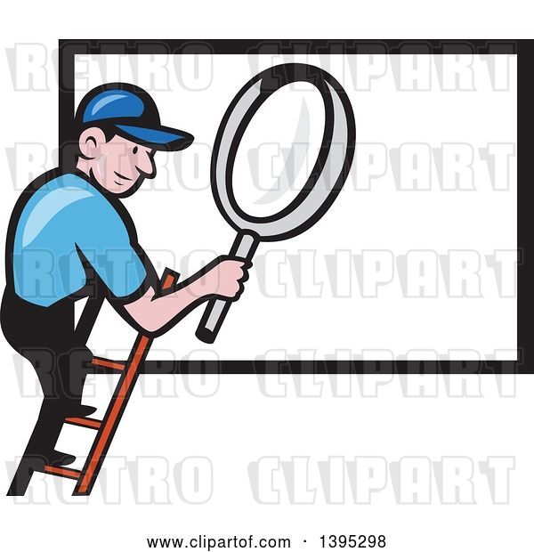 Vector Clip Art of Retro Cartoon White Handy Guy on a Ladder, Holding a Magnifying Glass over a Billboard Sign