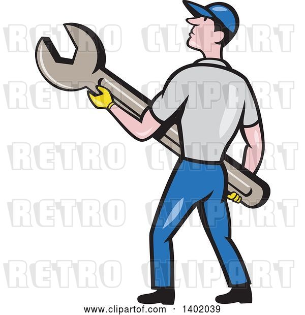 Vector Clip Art of Retro Cartoon White Handy Guy or Mechanic Holding a Spanner Wrench