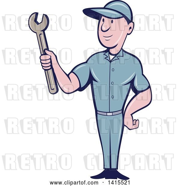 Vector Clip Art of Retro Cartoon White Handy Guy or Mechanic Holding a Spanner Wrench