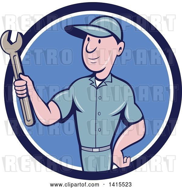 Vector Clip Art of Retro Cartoon White Handy Guy or Mechanic Holding a Spanner Wrench in a Blue and White Circle