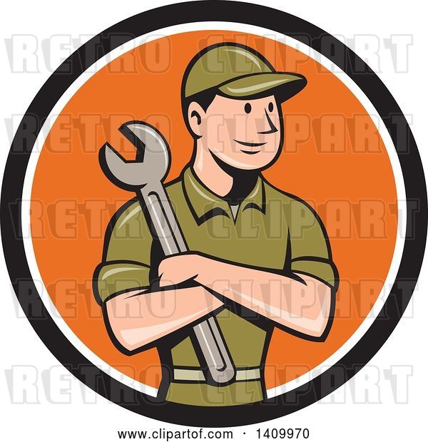 Vector Clip Art of Retro Cartoon White Handy Guy or Mechanic Holding a Spanner Wrench in Folded Arms in a Black White and Orange Circle
