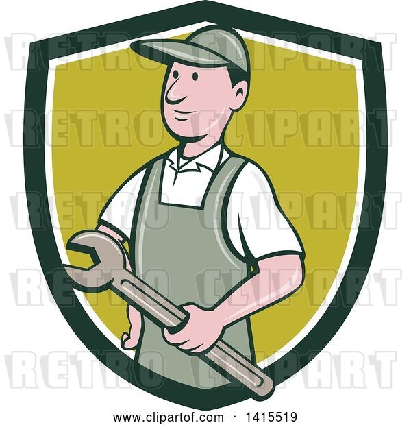 Vector Clip Art of Retro Cartoon White Handy Guy or Mechanic Holding a Wrench in a Blue White and Green Shield