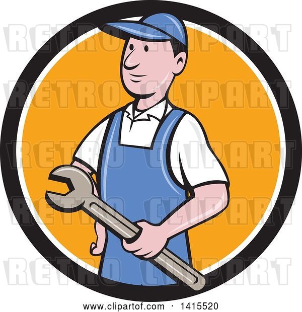 Vector Clip Art of Retro Cartoon White Handy Guy or Mechanic Holding a Wrench in a Blue White and Orange Circle