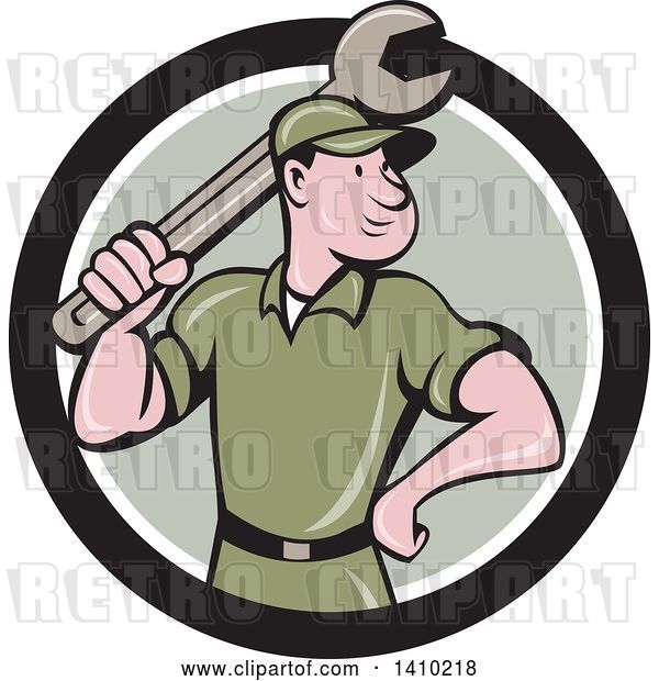 Vector Clip Art of Retro Cartoon White Handy Guy or Mechanic Standing and Holding a Spanner Wrench in a Black White and Green Circle