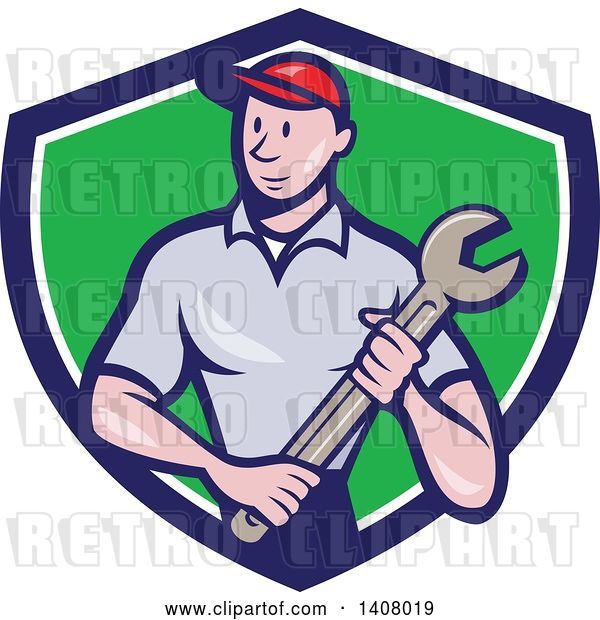 Vector Clip Art of Retro Cartoon White Handy Guy or Mechanic Standing and Holding a Spanner Wrench in a Blue White and Green Shield