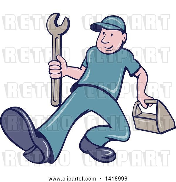 Vector Clip Art of Retro Cartoon White Handy Guy or Mechanic Walking with a Spanner Wrench and Tool Box