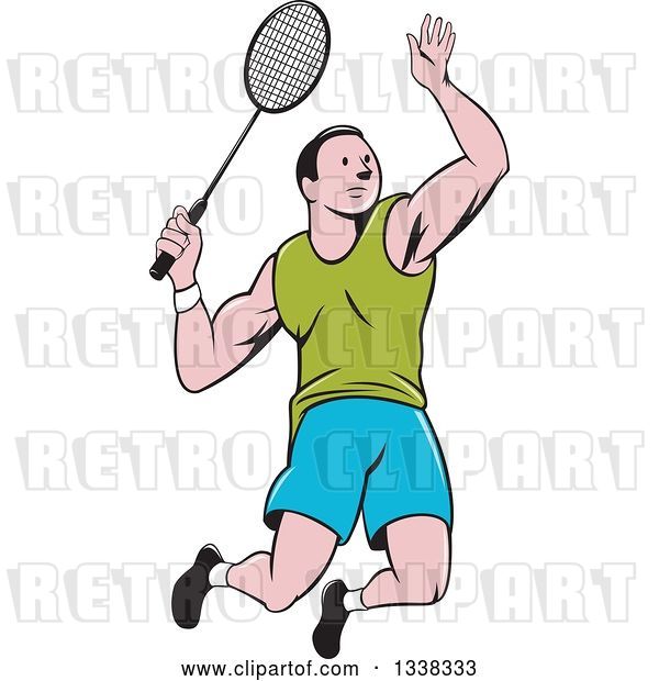 Vector Clip Art of Retro Cartoon White Male Badminton Player Jumping with a Racket