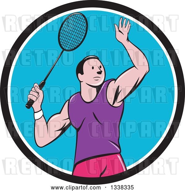 Vector Clip Art of Retro Cartoon White Male Badminton Player with a Racket in a Black White and Blue Circle