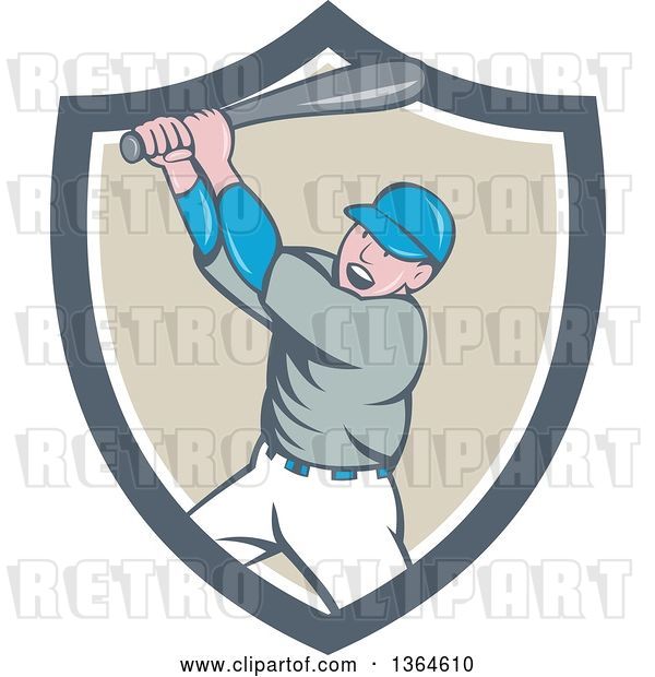 Vector Clip Art of Retro Cartoon White Male Baseball Player Athlete Batting in a Gray White and Taupe Shield