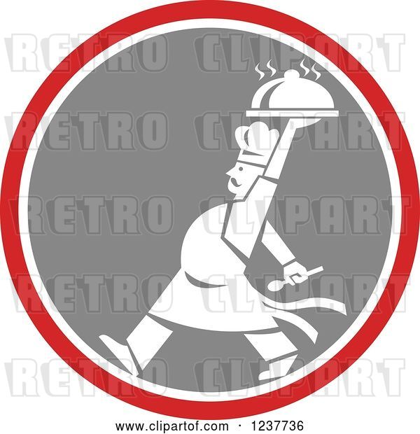 Vector Clip Art of Retro Cartoon White Male Chef Carrying a Cloche Platter in a Red and Gray Circle