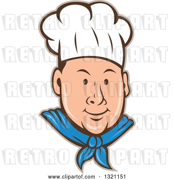 Vector Clip Art of Retro Cartoon White Male Chef Face in a Toque, with a Tan Outline