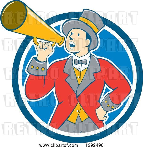 Vector Clip Art of Retro Cartoon White Male Circus Ringmaster Announcing Through a Bullhorn in a Blue and White Circle