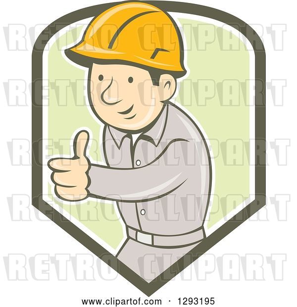 Vector Clip Art of Retro Cartoon White Male Construction Worker Foreman Giving a Thumb up in a Green and White Shield