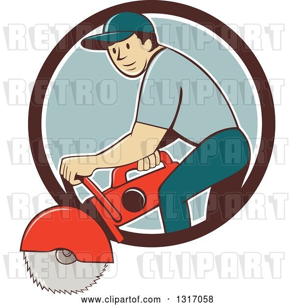 Vector Clip Art of Retro Cartoon White Male Construction Worker Using a Concrete Cutter Tool in a Brown White and Blue Circle