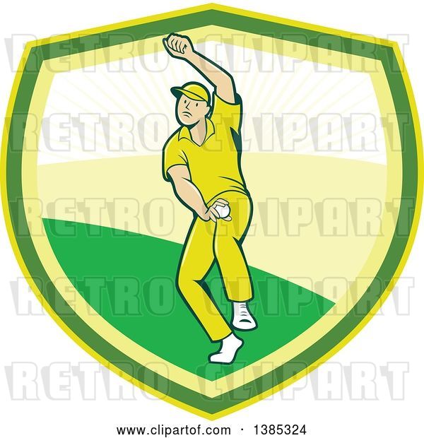 Vector Clip Art of Retro Cartoon White Male Cricket Player Fast Bowling in a Shield