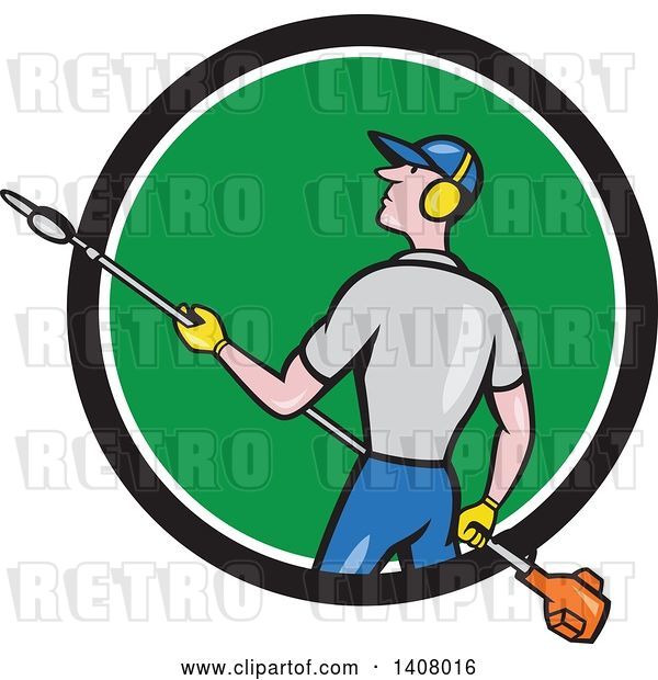 Vector Clip Art of Retro Cartoon White Male Gardener Holding a Hedge Trimmer, Emerging from a Black White and Green Circle