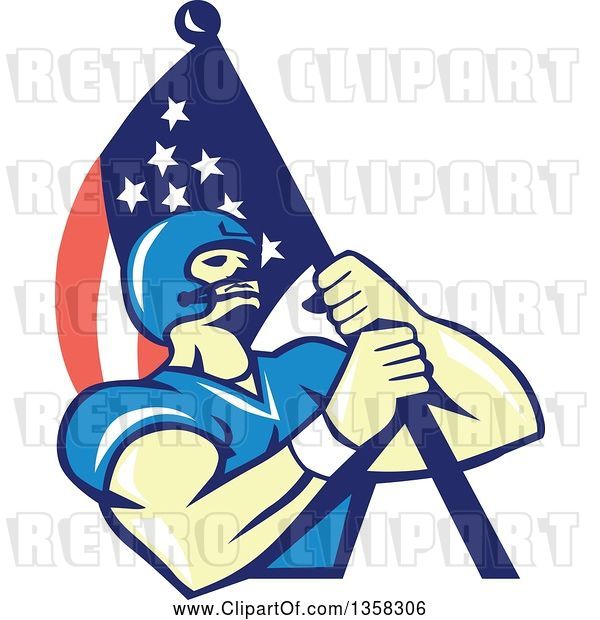 Vector Clip Art of Retro Cartoon White Male Gridiron American Football Player Carrying an American Flag
