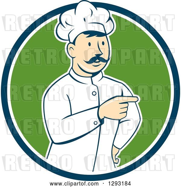 Vector Clip Art of Retro Cartoon White Male Head Chef with a Mustache, Pointing in a Blue White and Green Circle