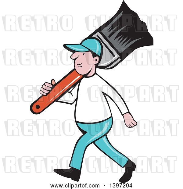 Vector Clip Art of Retro Cartoon White Male House Painter Carrying a Giant Brush on His Shoulder