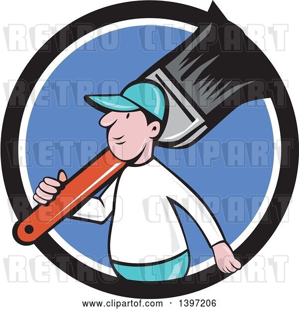 Vector Clip Art of Retro Cartoon White Male House Painter Carrying a Giant Brush on His Shoulder, Emerging from a Black White and Blue Circle