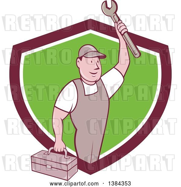 Vector Clip Art of Retro Cartoon White Male Mechanic Holding a Tool Box and Wrench in a Shield