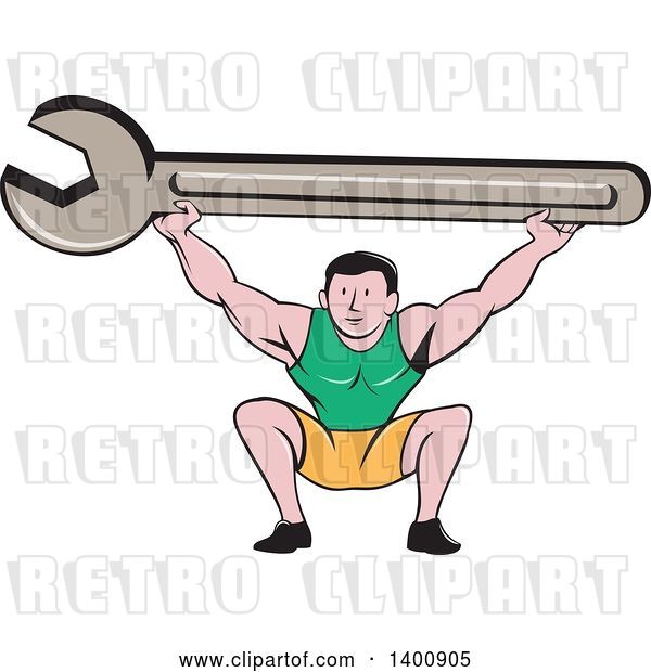 Vector Clip Art of Retro Cartoon White Male Mechanic Squatting and Holding up a Giant Spanner Wrench