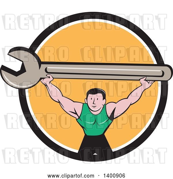 Vector Clip Art of Retro Cartoon White Male Mechanic Squatting and Holding up a Giant Spanner Wrench in a Black White and Orange Circle