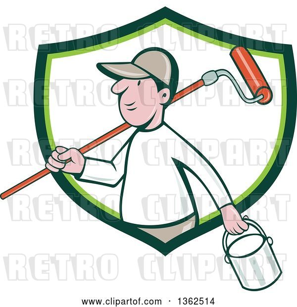 Vector Clip Art of Retro Cartoon White Male Painter Carrying a Can and a Roller Brush over His Shoulder, Emerging from a Green and White Shield