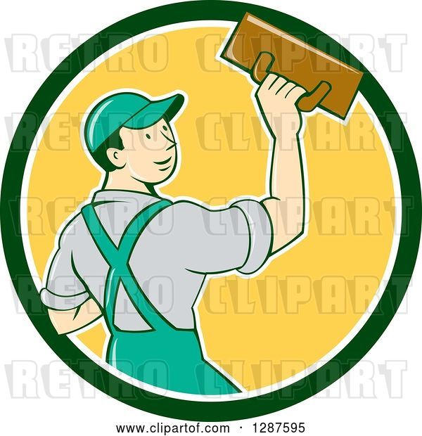 Vector Clip Art of Retro Cartoon White Male Plasterer in a Green White and Yellow Circle