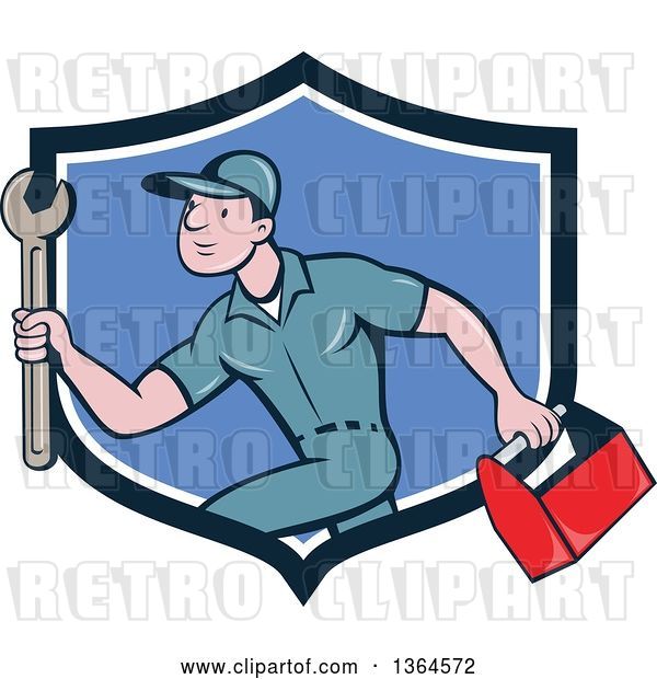 Vector Clip Art of Retro Cartoon White Male Plumber Carrying a Monkey Wrench and Tool Box in a Blue and White Shield