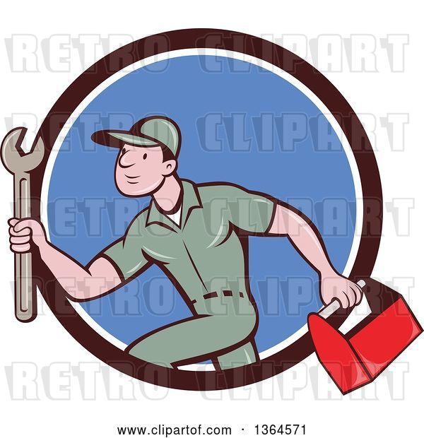 Vector Clip Art of Retro Cartoon White Male Plumber Carrying a Monkey Wrench and Tool Box in a Brown White and Blue Circle