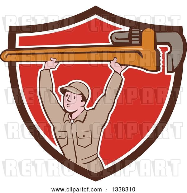 Vector Clip Art of Retro Cartoon White Male Plumber Holding a Giant Monkey Wrench over His Head, Emerging from a Brown White and Red Shield