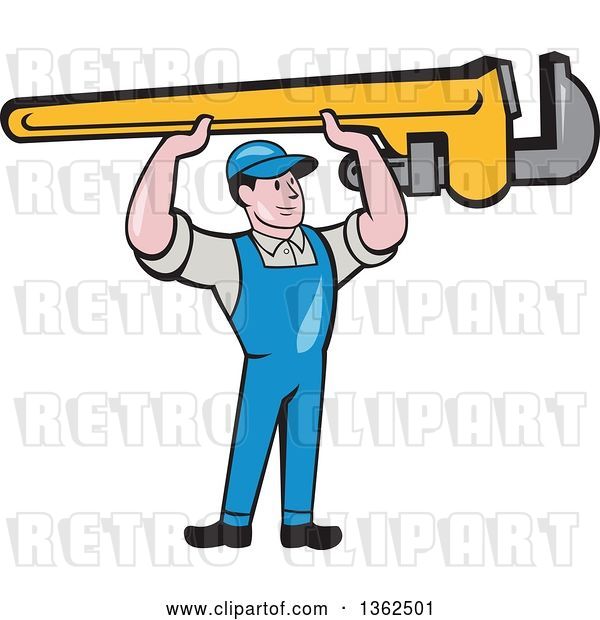 Vector Clip Art of Retro Cartoon White Male Plumber Holding up a Giant Monkey Wrench