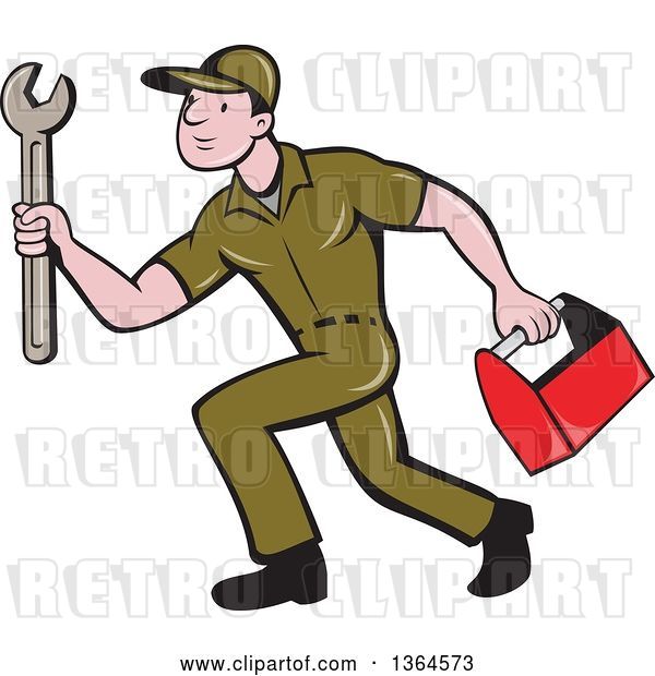 Vector Clip Art of Retro Cartoon White Male Plumber in a Green Uniform, Carrying a Monkey Wrench and Tool Box