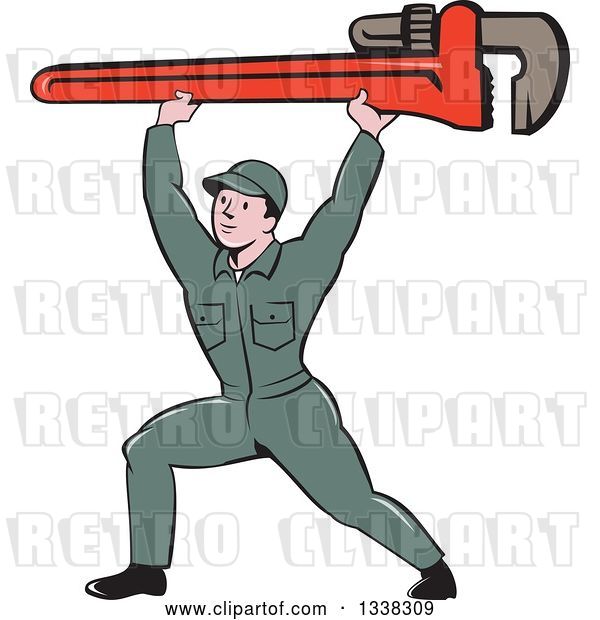 Vector Clip Art of Retro Cartoon White Male Plumber Lunging and Holding a Giant Monkey Wrench over His Head
