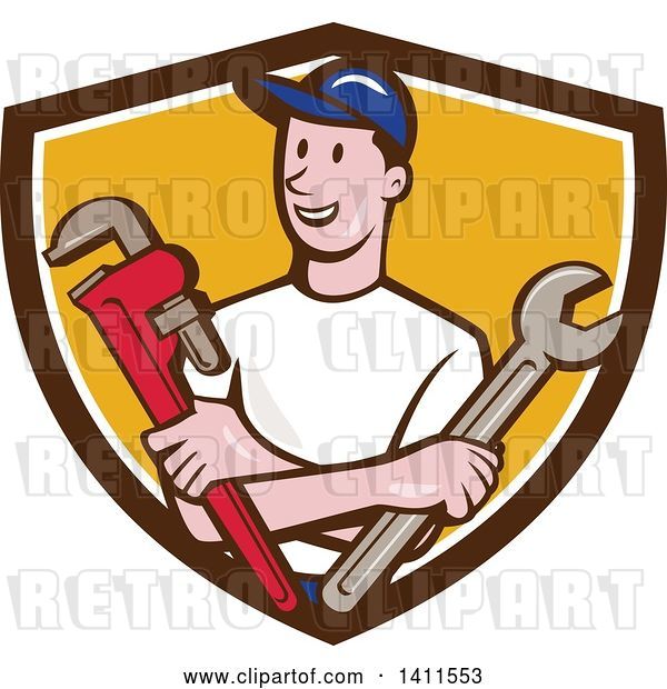 Vector Clip Art of Retro Cartoon White Male Plumber, Mechanic or Handyman Holding Monkey and Spanner Wrenches in Folded Arms in a Brown White and Yellow Shield