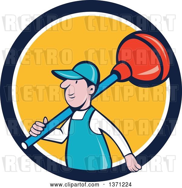 Vector Clip Art of Retro Cartoon White Male Plumber with a Giant Plunger over His Shoulder, Emerging from a Blue White and Yellow Circle