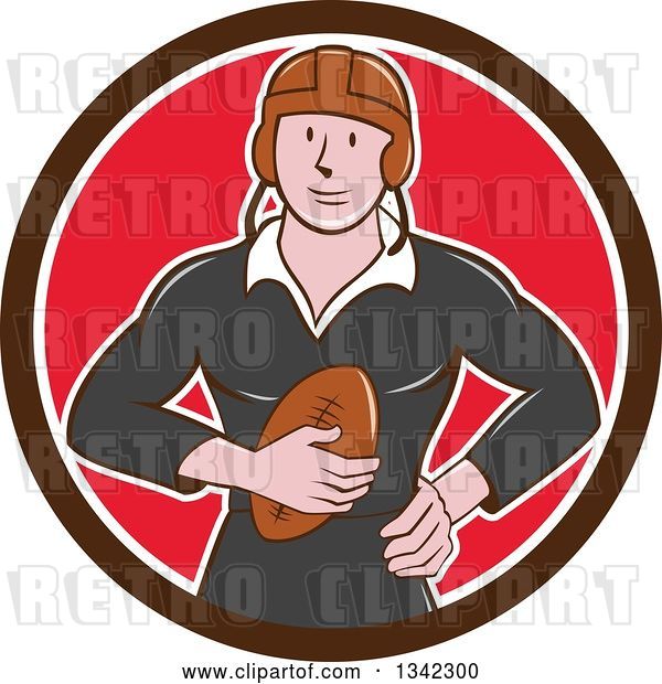 Vector Clip Art of Retro Cartoon White Male Rugby Player Holding the Ball in a Brown White and Red Circle