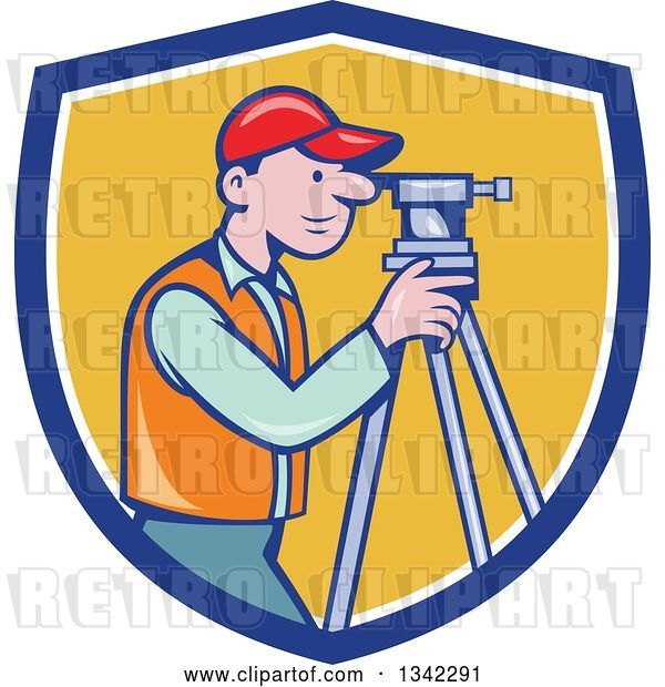 Vector Clip Art of Retro Cartoon White Male Surveyor Using a Theodolite in a Blue White and Yellow Shield