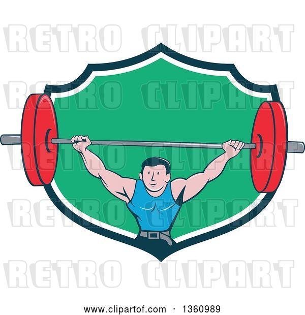 Vector Clip Art of Retro Cartoon White Strongman Bodybuilder Lifting a Barbell over His Head, and Doing Squats, Emerging from a Navy Blue, White and Green Shield